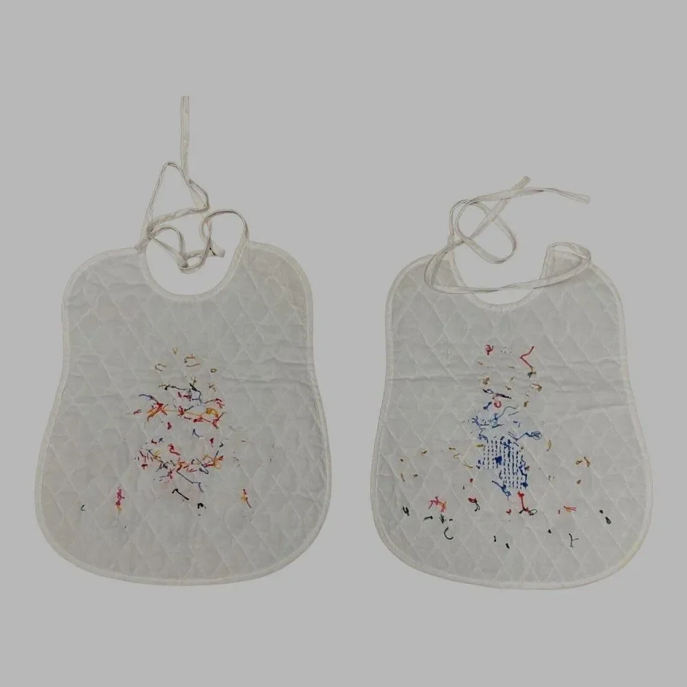 Pair Vintage Cross Stitch Quilted Baby Bibs Raggedy Ann & Andy Handmade Quilted